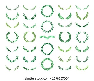 Set of green silhouette laurel foliate, oak and olive wreaths depicting an award, achievement, heraldry, nobility, decoration, emblem. Vector illustration.