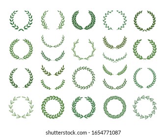 Set of green silhouette laurel foliate, olive  and wheat wreaths. Vector illustration for your frame, border, ornament design, wreaths depicting an award, achievement, heraldry, emblem, logo.