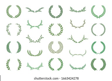Set of green silhouette laurel foliate, olive  and wheat wreaths. Vector illustration for your frame, border, ornament design, wreaths depicting an award, achievement, heraldry, emblem, logo.