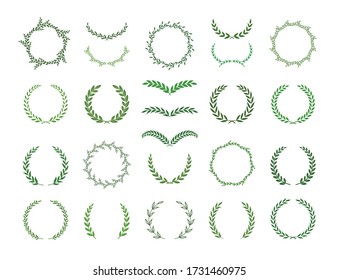 Set of green silhouette laurel foliate and olive wreaths. Vector illustration for your frame, border, ornament design, wreaths depicting an award, achievement, heraldry, emblem, logo.