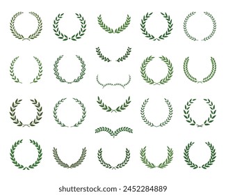 Set of green silhouette laurel foliate, olive wreaths. Vector illustration for your frame, border, ornament design, wreaths depicting an award, achievement, heraldry, emblem, logo.