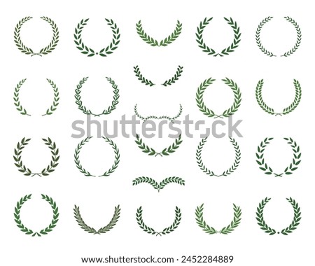 Set of green silhouette laurel foliate, olive wreaths. Vector illustration for your frame, border, ornament design, wreaths depicting an award, achievement, heraldry, emblem, logo.