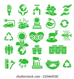 Set of green silhouette vector icons of ecology theme, including alternative energy sources, environmental issues and also conservation of natural resources and the influence of human on the planet