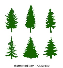 Set of Green Silhouettes of Pine Trees on White Background Vector illustration