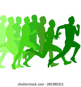 Set of green silhouettes. Runners on sprint, men. vector illustration.