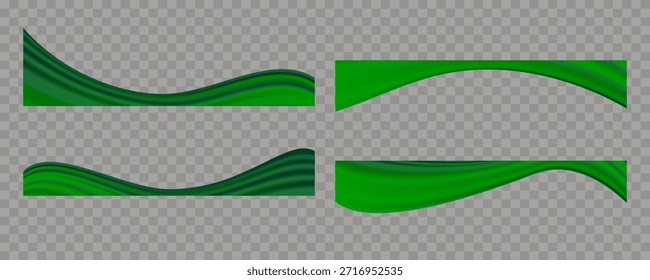 Conjunto de Formas de onda de cinta de seda verde sobre fondo transparente. Elegante titular de tela de satén esmeralda ondulada elegante para el Anuncio de la página de Web, encabezado de diseño, superposición de decoración. Ilustración vectorial editable.