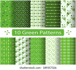 Set of green simple geometric patterns. Abstract seamless patterns with simple elements. Fabric swatches. Design for wrapping paper, web, gift paper, cover. Vector wrapping paper patterns.