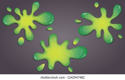 Set of green slime goo dripping on grey background. Toxic and creepy texture. Vector illustration.