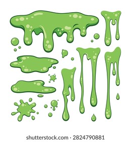 Set of green slime splashes, drops and drips with bubbles. Perfect for Halloween, monster, gross science, or sticky substance design projects.