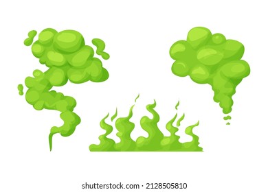 Set green smell steam, toxic stink smoke, dust cloud or fart in comic cartoon style isolated on white background. Collection Bad aroma scent.