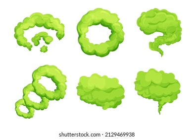 Set green smell steam, toxic stink smoke, dust cloud or fart in comic cartoon style isolated on white background. Collection Bad aroma scent.