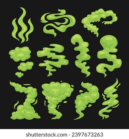 Set of Green Smelling Smoke Collection, smoke and toxic steam set, stench or stink, fume trails, disgusting stinky breathing, fart, spoiled rotten food odor, toxic poison, vector illustration