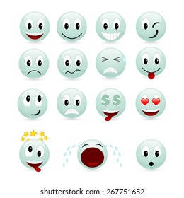 Set of green smiles. Vector illustration, isolated on a white.
