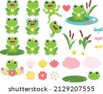 Set of green smiling frogs sit. Frog princess with a wreath of flowers.Cartoon style. Vector illustration