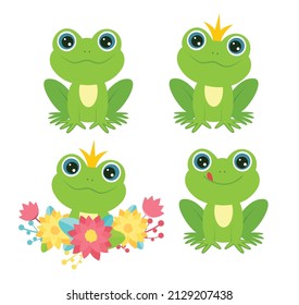Set of green smiling frogs sit. Frog princess with a wreath of flowers.Cartoon style. Vector illustration