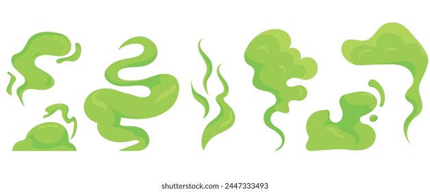 Set of green smoke of different shapes and sizes in cartoon style. Vector illustration of green smoke with an unpleasant, stinky smell, isolated on a white background. It stinks from the garbage can.