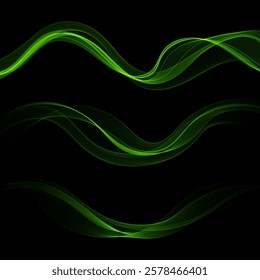 Set of green Smoky abstract waves  on a black background. Vector design element.
