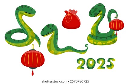 Set of green snakes, red pouch, and traditional lanterns symbolizing the Year of the Snake 2025. For Chinese New Year decorations, greeting cards, and festive designs. Vector illustration