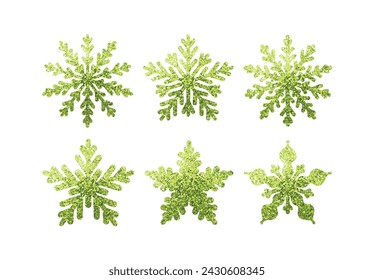 Conjunto de copos de nieve verde en brillo. Colección de elementos decorativos para las vacaciones de Navidad. Ilustración de vector