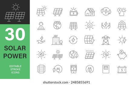 Conjunto de iconos de línea delgada de energía solar verde. Iconos para el sistema doméstico fotovoltaico (PV) de energía solar y energía eléctrica renovable, tecnología verde, Ilustración vectorial.