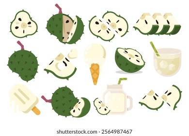 Set of Green Soursop, Farm fresh Soursop product emblem for grocery shop, collection of ice cream, Juice jar, glass of juice, ice cream cone and stick, simple flat vector illustration of fruits.