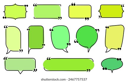 A set of green speech bubbles with quotation marks in various shapes and shades. Ideal for highlighting quotes, messages, and dialogues in creative projects and presentations.