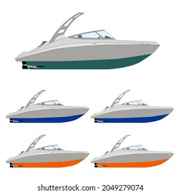 Set of green speed boat blue orange speedboat motorboat yacht realistic stroke