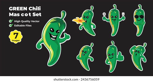 Set of green spicy chilli pepper characters mascot with different emotions and poses. Cute hot Jalapeno chili with Smiling Face, Burning Fire, Cartoon Vector Illustration