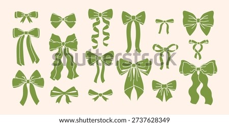 Set green spring bows and ribbons for hair. Flat vector illustrations set. Trendy bow for presents wrapping. Gift birthday xmas sale decor. Cute vintage hairstyle elements collection