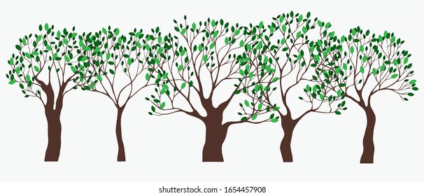 Set of  green spring trees. Vector hand drawn illustration. Green leaves on brown tree