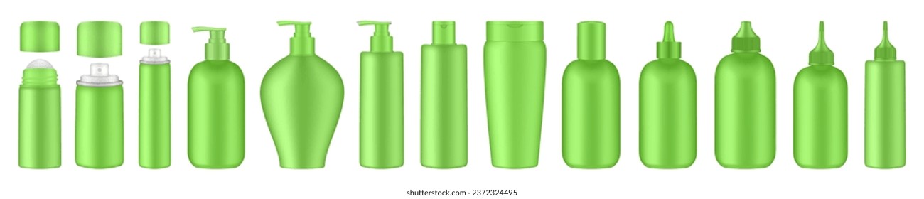 Set of green squeeze bottles. Bottles with pump, dispenser. Korean packaging. Lotion or shower gel. Deodorant roll-on. Hair spray, air freshener container, mockup of aerosol. Squeeze bottles. Dropper