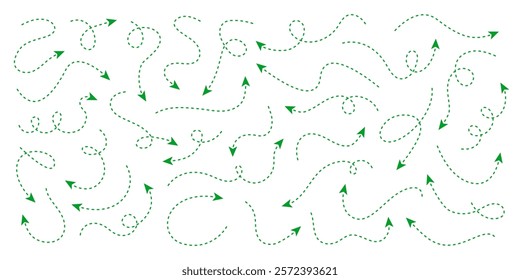 Set of green squiggle line dashed arrows. Dash curved vector editable stroke arrows