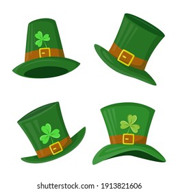 Set of green St. Patrick's Day hat with clover leaf. Leprechaun's hats with shamrock. Vector illustration in modern flat design. For banner, poster, cards, invitation, flyer.