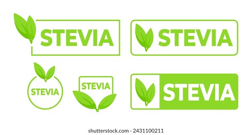 Set of green Stevia labels with leaf icon, perfect for marking natural sweetener products and sugar free options.