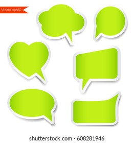 Set green sticker with speech bubbles. Set sticker vector isolated on white background. Abstract 3d paper clouds.