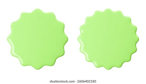 Set green stickers, badge mockup. Blank labels of circle shapes with wavy edge. Vector illustration isolated on white. Copy space. Patches for preview tags, labels, design, presentation, adv