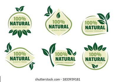 Set of Green Stickers, Tags or Labels design of Farm Fresh, 100% Organic and Natural Products or Foods, Creative lettering design for Healthy Food concept.