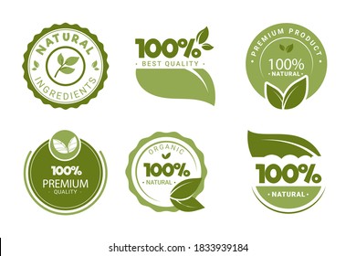 Set of Green Stickers, Tags or Labels design of Farm Fresh, 100% Organic and Natural Products or Foods, Creative lettering design for Healthy Food concept.