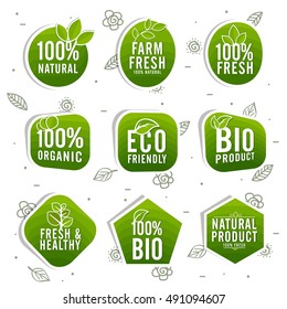 Set of Green Stickers, Tags or Labels design of Farm Fresh, 100% Natural, Eco Friendly, Bio and Organic Products or Foods, Creative typographic badges for Healthy Food concept.
