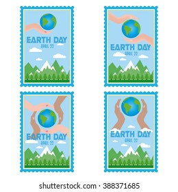 Set of green stickers with text and hands holding our planet for earth day