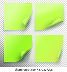 Set of green sticky note isolated on transparent background. Vector illustration
