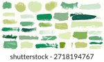 Set of green straight brush stroke lines with organic grunge texture. Hand drawn underline, highlight elements for eco, vegan or herbal design. Natural vector with rough paint strokes on white.