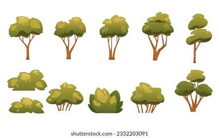 Set of green stylized bush vector illustration isolated on white background