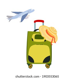Set of a green suitcase, a hat and a plane. the journey. opening borders and ending the pandemic. the summer and holidays. a trip to the sea. stock vector illustration on a white background.