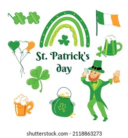 A set of green symbols for St. Patrick's Day. Beer, glasses, clover, rainbow and a pot of gold. Vector illustration