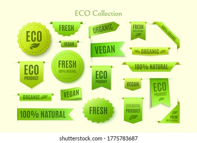 Set of green tags and badges with the words eco product, fresh, vegan. Eco collection, offers isolated on white background.