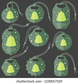 Set of Green Tags on the Dark Background Made in Flat Style with Snowfall and Sample Text. Isolated Group of Hang Tags for Christmas Holiday Market and Sales. Vector EPS 10