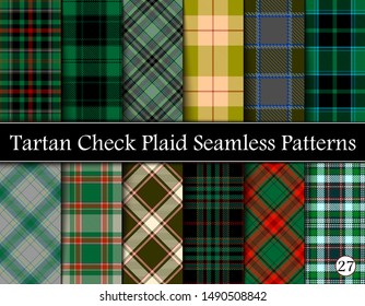 Set Green Tartan Plaid Scottish Seamless Pattern. Texture from tartan, plaid, tablecloths, shirts, clothes, dresses, bedding, blankets and other textile. Vol 27