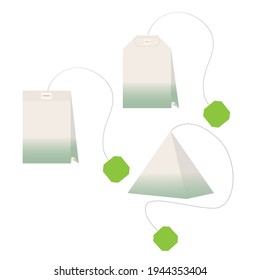 Set of green tea bags of different shapes on a white isolated background. Vector illustration. Flat design. Icon, sign, logo. For many of design purposes.