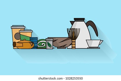 Set of green tea equipment, matcha bowl, tea whisk, pot, tea container, paper cup, coffee cup and green tea roll cake, isolate on the light blue background with long shadow